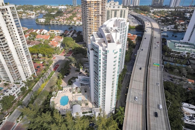 drone / aerial view with a water view and a city view