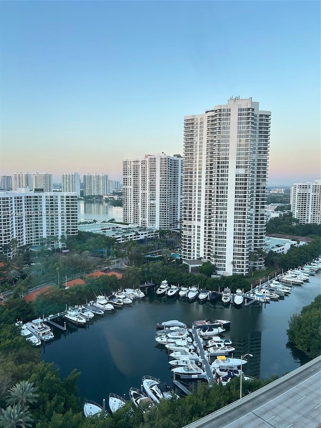 aerial view at dusk with a water view and a view of city