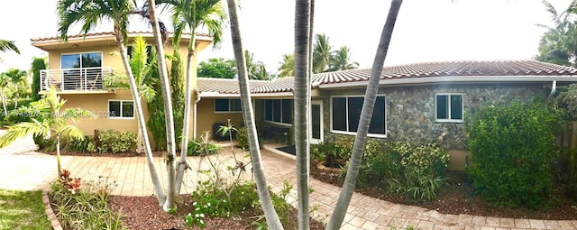 rear view of house featuring a patio, a tiled roof, and stucco siding
