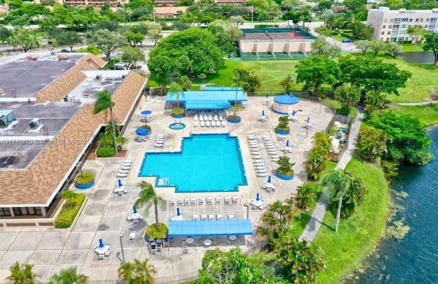 drone / aerial view with a water view