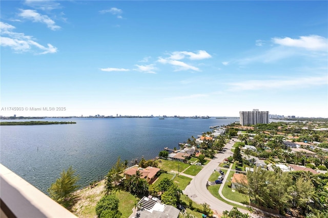 aerial view featuring a water view