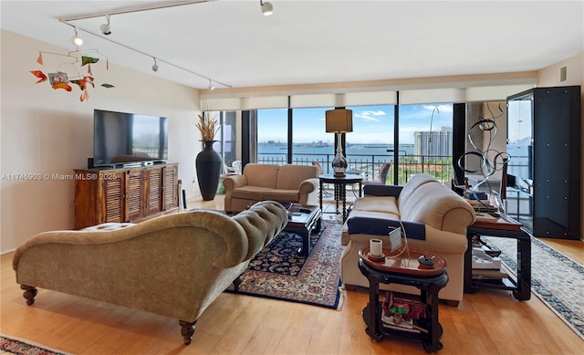 living room with a wall of windows and light hardwood / wood-style flooring