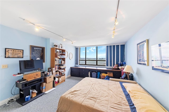 carpeted bedroom featuring track lighting