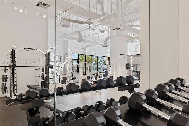 exercise room with a towering ceiling