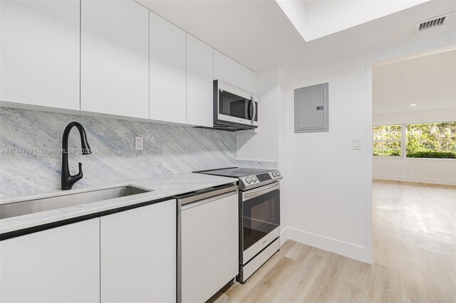kitchen featuring white cabinets, electric panel, electric stove, a sink, and backsplash