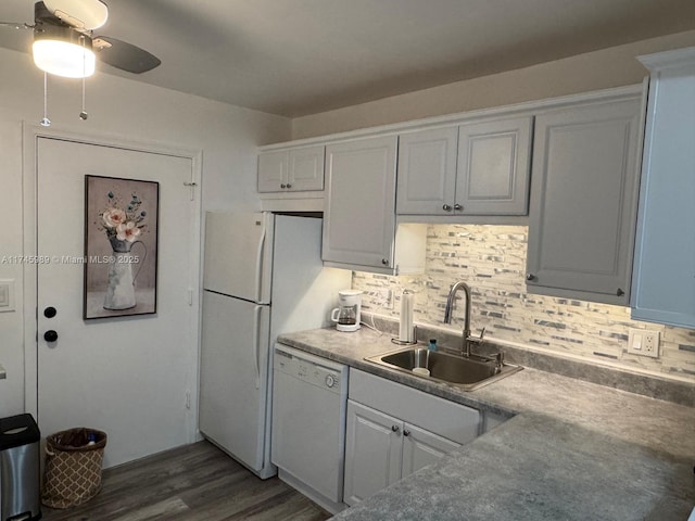 4770 NW 21st St Unit 208, Lauderhill, FL 33313 - kitchen featuring white dishwasher, backsplash, wood finished floors, and ceiling fan