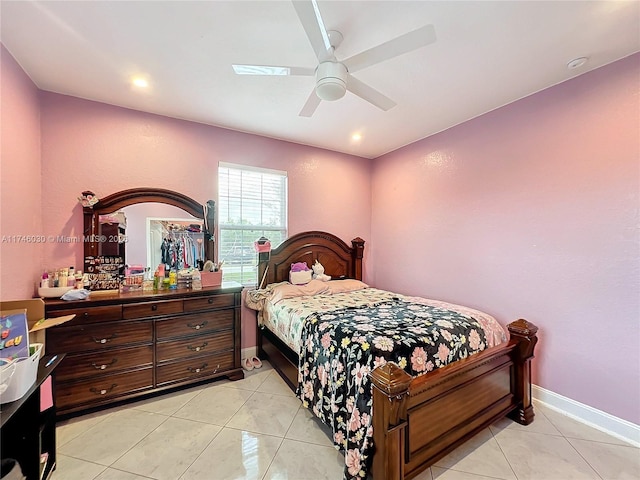 bedroom featuring light tile patterned floors, ceiling fan, baseboards, and recessed lighting