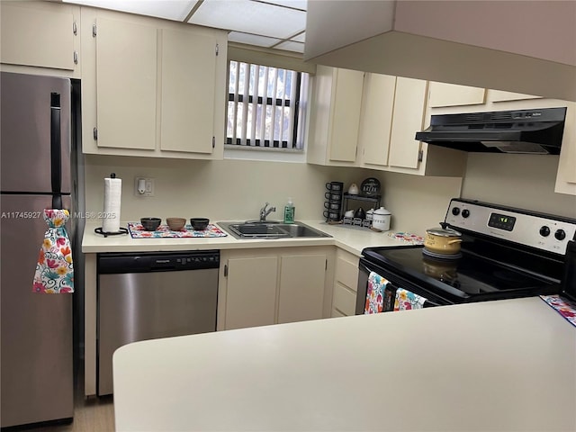 8290 Lake Dr Unit 223, Doral, FL 33166 - kitchen with white cabinetry, light countertops, stainless steel appliances, under cabinet range hood, and a sink