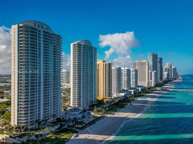 view of city featuring a view of the beach and a water view