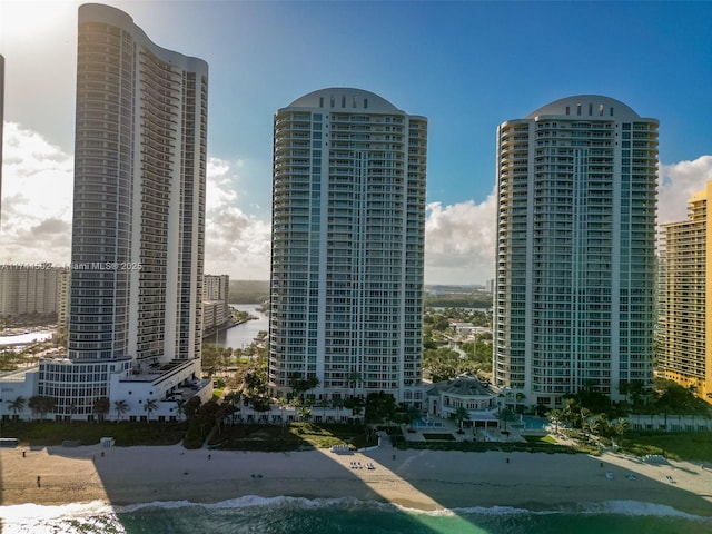 view of city featuring a water view and a view of the beach