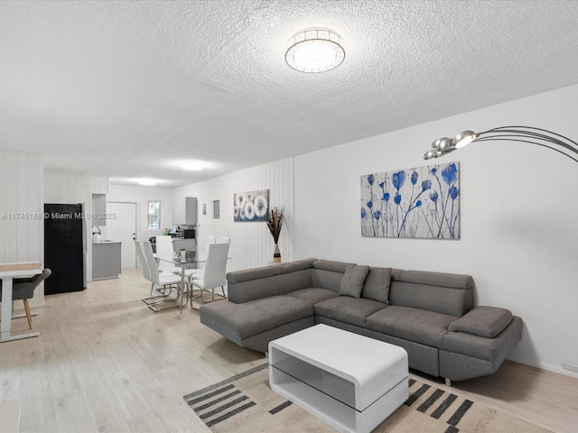 living room featuring a textured ceiling and light wood-type flooring