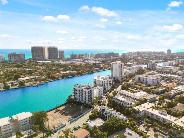 aerial view featuring a water view