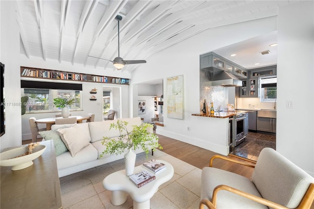 living room with sink, dark wood-type flooring, vaulted ceiling, and ceiling fan