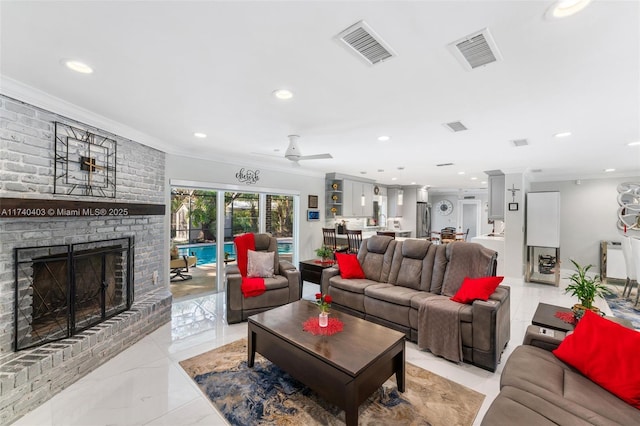 16520 SW 80th Ave, Palmetto Bay, FL 33157 - living room featuring ornamental molding, a brick fireplace, recessed lighting, ceiling fan, and light marble finish floors