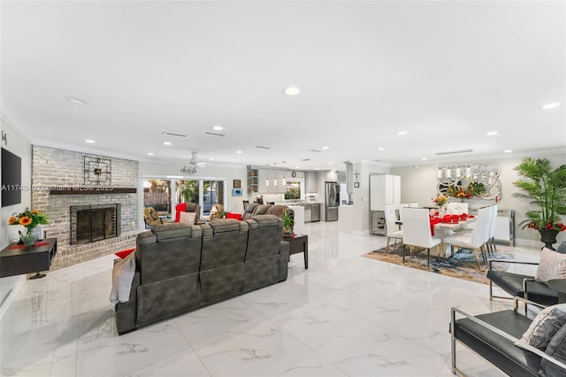 16520 SW 80th Ave, Palmetto Bay, FL 33157 - living room featuring crown molding, a fireplace, and recessed lighting