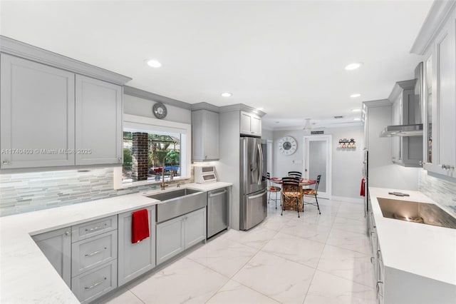 16520 SW 80th Ave, Palmetto Bay, FL 33157 - kitchen with stainless steel appliances, gray cabinetry, light marble finish floors, backsplash, and recessed lighting