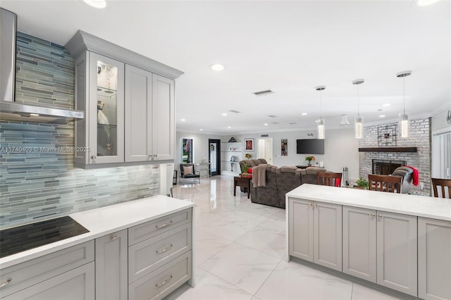 16520 SW 80th Ave, Palmetto Bay, FL 33157 - kitchen featuring gray cabinetry, light marble finish flooring, pendant lighting, light countertops, and recessed lighting