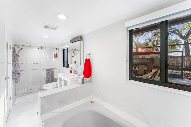16520 SW 80th Ave, Palmetto Bay, FL 33157 - full bathroom with a stall shower, recessed lighting, a bath, vanity, and marble finish floors