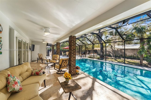 16520 SW 80th Ave, Palmetto Bay, FL 33157 - view of swimming pool featuring outdoor lounge area, a patio area, a ceiling fan, and glass enclosure