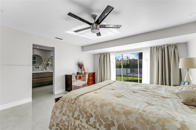 bedroom featuring access to outside, visible vents, ceiling fan, and baseboards