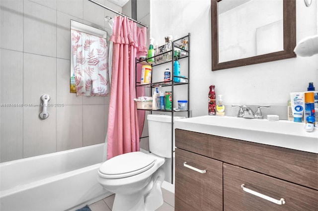 full bathroom with tile patterned flooring, vanity, shower / bath combo, and toilet