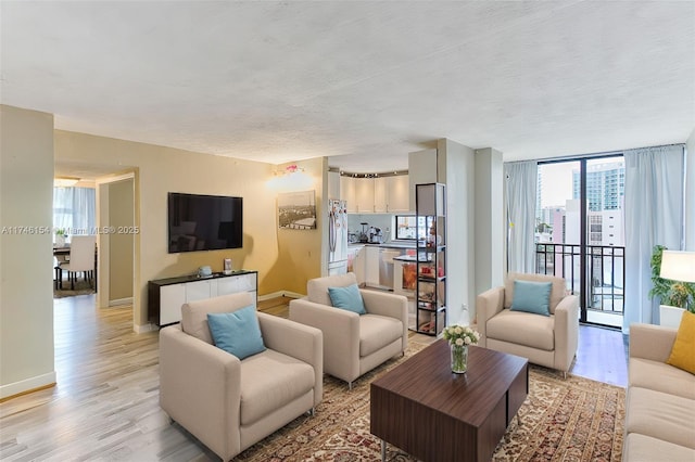 living room featuring expansive windows, a textured ceiling, and light wood-type flooring