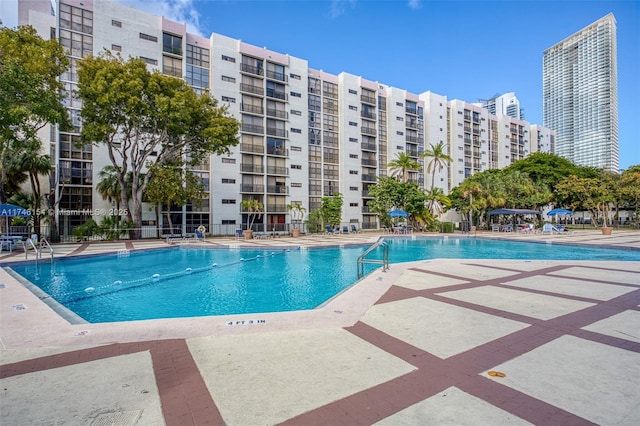 view of swimming pool with a patio