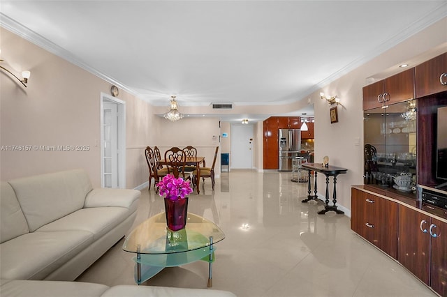 living room with crown molding