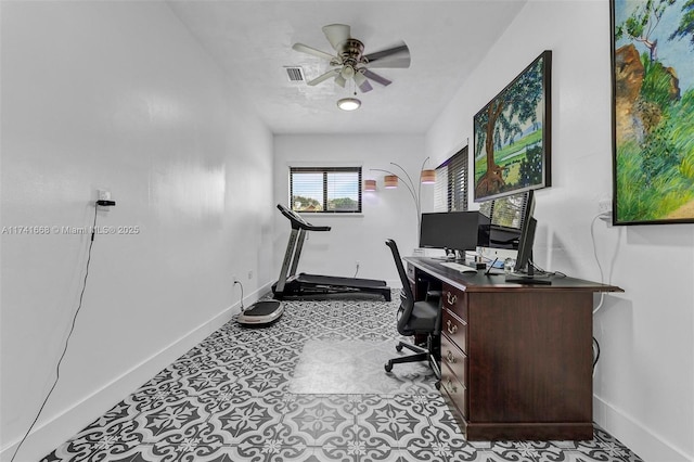 office with a ceiling fan, visible vents, and baseboards