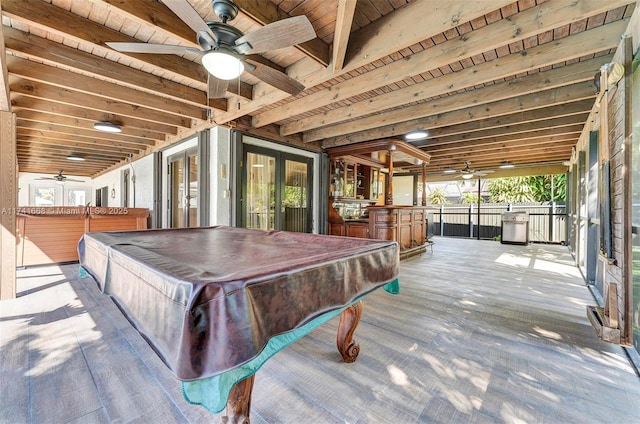 recreation room featuring a ceiling fan, wooden ceiling, billiards, and beam ceiling