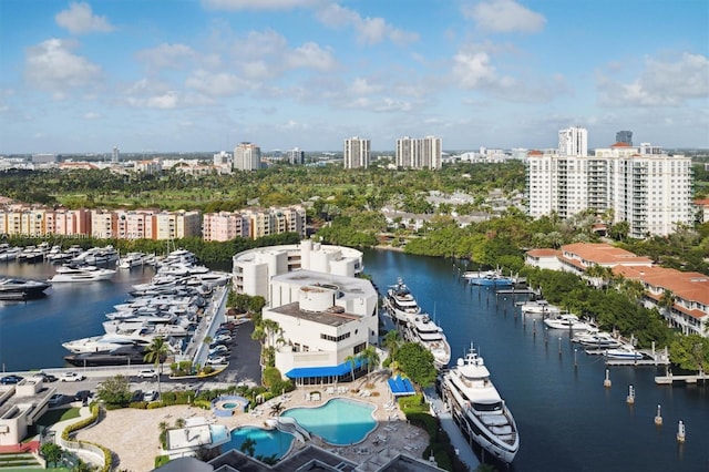 bird's eye view with a water view