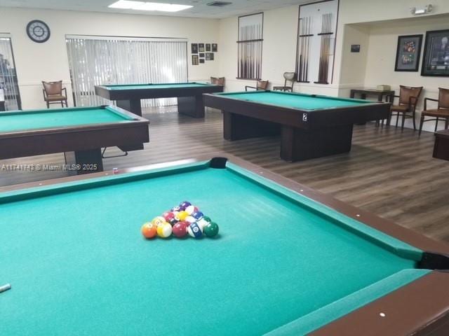 rec room with billiards and wood-type flooring