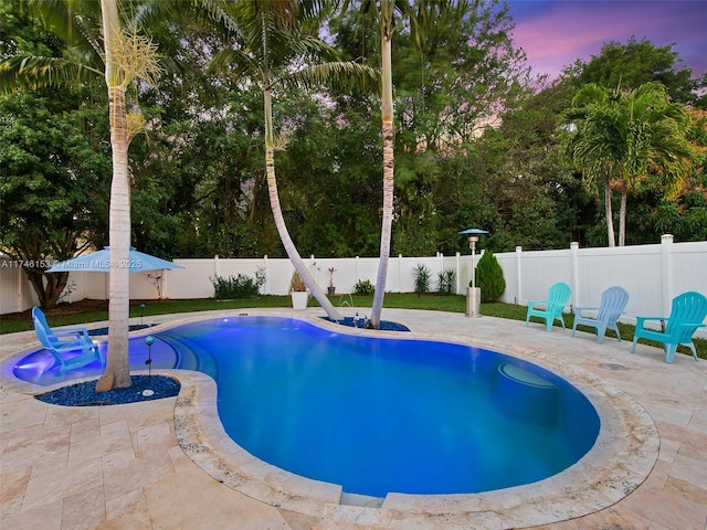 pool at dusk featuring a patio area