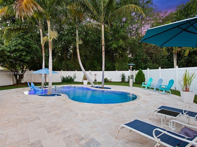 pool at dusk with a patio area