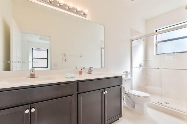 bathroom with a shower with door, vanity, a healthy amount of sunlight, and toilet