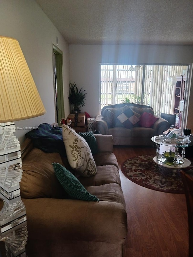 living room with hardwood / wood-style flooring and a textured ceiling