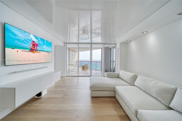 living room featuring light hardwood / wood-style flooring, a high ceiling, and a water view