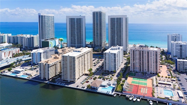 bird's eye view featuring a city view and a water view
