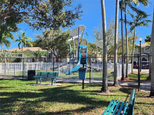 view of jungle gym with a lawn