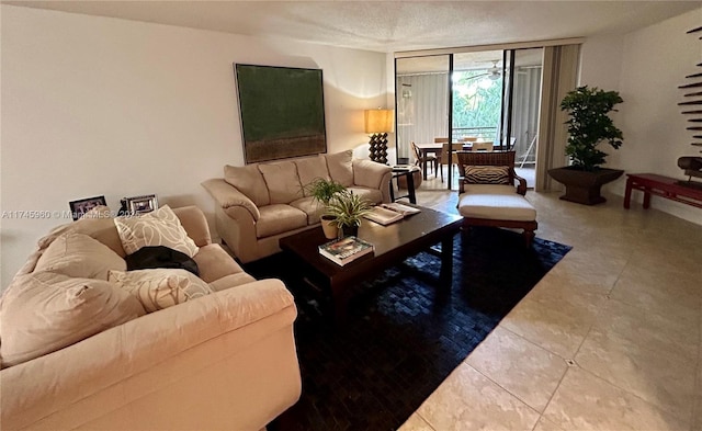 living room with tile patterned flooring