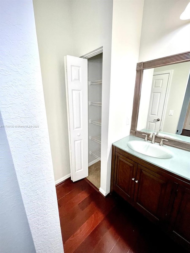 bathroom with hardwood / wood-style flooring and vanity