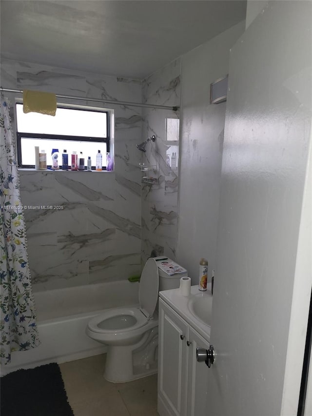 full bathroom featuring vanity, shower / tub combo, and toilet