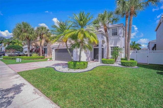 mediterranean / spanish-style house with a garage and a front lawn