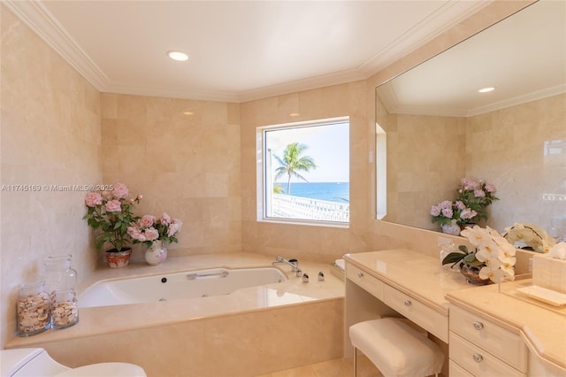 bathroom with ornamental molding, tile walls, vanity, and a bath