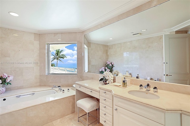 bathroom featuring ornamental molding, tile walls, and a bath