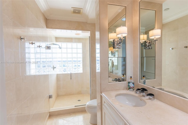 bathroom featuring ornamental molding, visible vents, a shower stall, and toilet