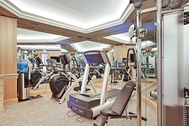 workout area featuring ornamental molding