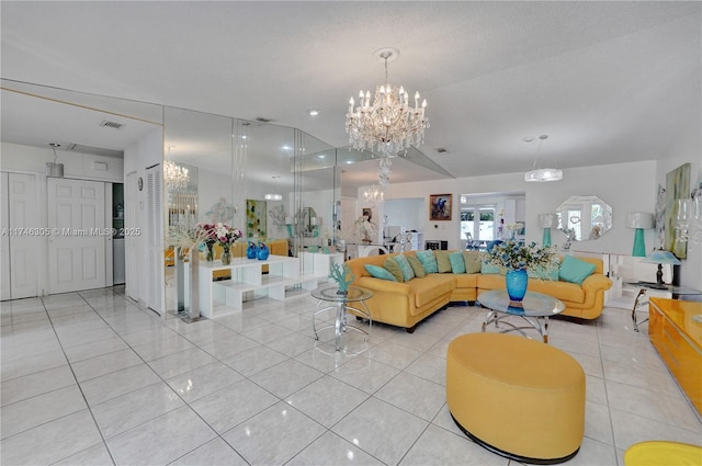 881 SW 137th Ct, Miami, FL 33184 - living room featuring a chandelier, light tile patterned flooring, visible vents, and a textured ceiling