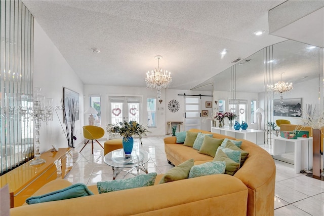 881 SW 137th Ct, Miami, FL 33184 - living area featuring lofted ceiling, a barn door, a healthy amount of sunlight, light tile patterned flooring, and a chandelier