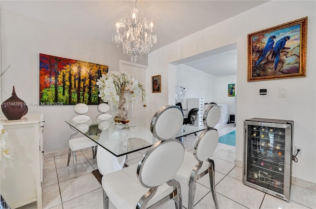 881 SW 137th Ct, Miami, FL 33184 - dining area with wine cooler, a notable chandelier, and light tile patterned floors